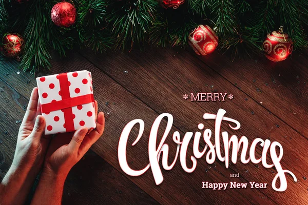 Inscription Merry Christmas Happy New Year Male Hands Hold Gift — Stock Photo, Image