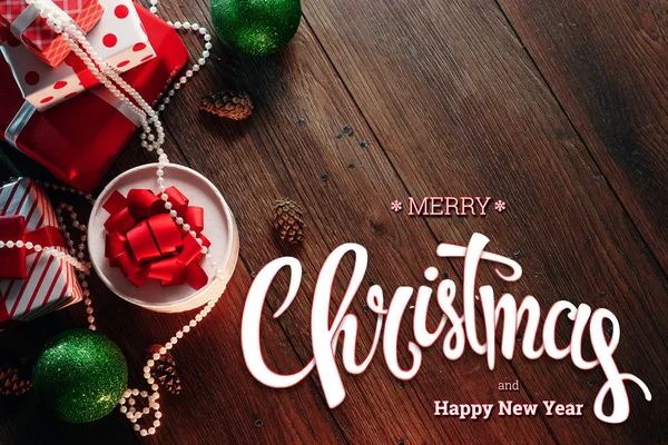 Inscription Merry Christmas Happy New Year Decorations Gifts Wooden Brown — Stock Photo, Image