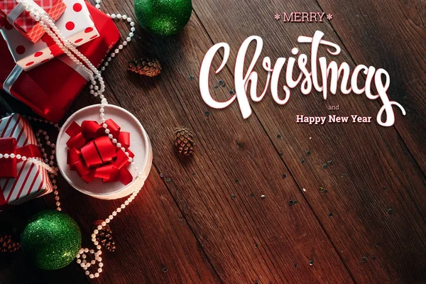 Inscription Merry Christmas Happy New Year Decorations Gifts Wooden Brown — Stock Photo, Image