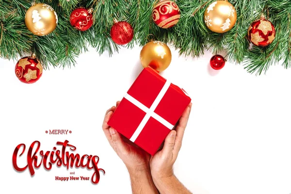 Manos Sosteniendo Regalo Inscripción Feliz Navidad Feliz Año Nuevo Abeto — Foto de Stock