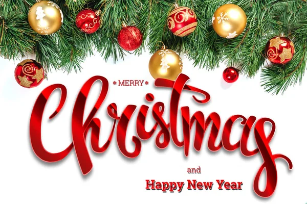 Inskripsi Merry Christmas Dan Happy New Year Cemara Hijau Dan — Stok Foto