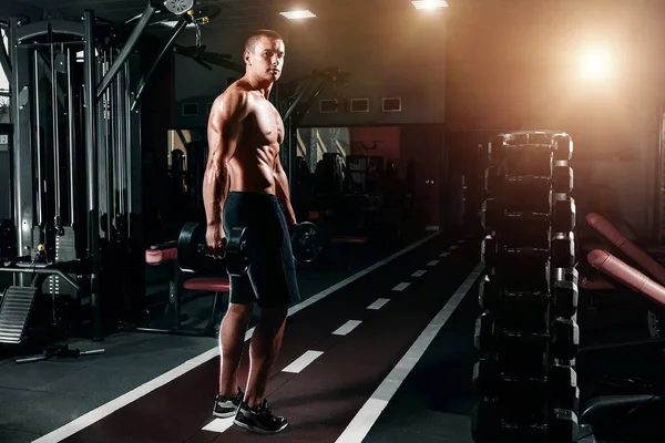 Yakışıklı olan Avrupa görünümünü vücut geliştirmeci, onun elinde dumbbells ile spor salonunda duruyor. Spor eğitim, eğitim, spor salonunda egzersiz fitness kavramı.