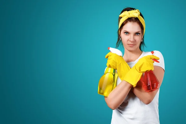 Ένα Κορίτσι Μια Καθαρίστρια Ένα Καθαριστικό Φορώντας Γάντια Και Ένα — Φωτογραφία Αρχείου