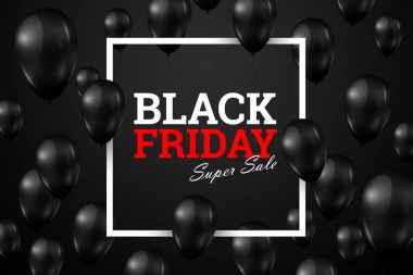 Inscription Black Friday Sale, a poster with shiny balloons with a square frame on a black background. clipart