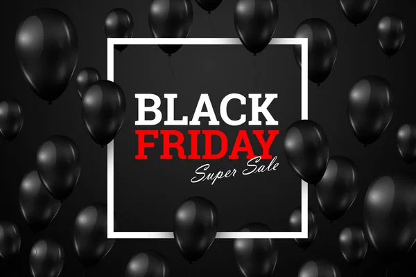 题字黑色星期五销售 一个海报与闪亮的气球与正方形框架在黑色背景上 — 图库照片