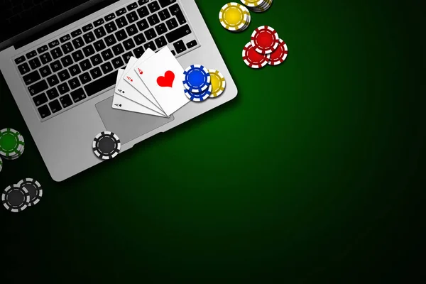 Online Casino Laptop Chips Korten Grön Bakgrund Spelande Visa Från — Stockfoto