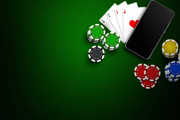 Online casino, mobile casino, mobile phone, chips cards on a green background. Gambling games. View from above.