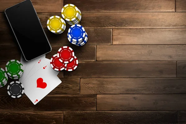 Online Kasino Mobilní Casino Pohled Shora Mobilního Telefonu Čipy Karet — Stock fotografie
