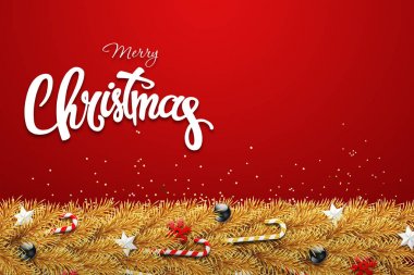 Yazıtın bir merry Christmas, altın top, şeker, kar taneleri ve yıldız ile Noel ağacı dalı. Noel arka plan, tebrik kartı. Yeni Yılınız Kutlu Olsun. Yukarıdan görüntülemek.