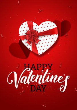 Sevgililer günün kutlu olsun, web afiş. Bir kalp, kağıt kalp, konfeti kırmızı bir arka plan üzerinde şeklinde gerçekçi bir hediye ile kompozisyon. Romantik arka plan, el ilanı, posta kartı, davet, üstten görünüm.