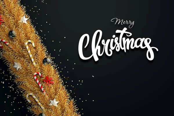 L'inscription d'un joyeux Noël, branches dorées d'un arbre de Noël avec boules, bonbons, flocons de neige et étoiles. Fond de Noël, carte de voeux. Bonne année. Vue d'en haut . — Photo