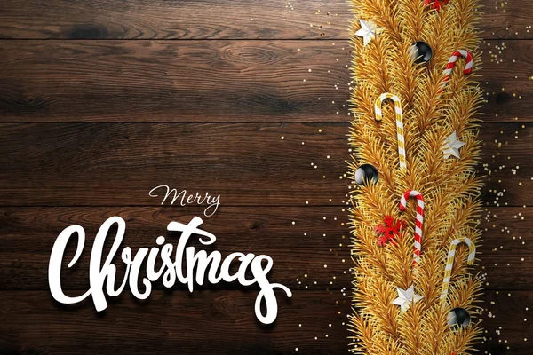 De inscriptie van een vrolijk kerstfeest, gouden takken van een kerstboom met ballen, snoep, sneeuwvlokken en sterren. Kerstmis achtergrond, wenskaart. Gelukkig Nieuwjaar. Van bovenaf bekijken. — Stockfoto