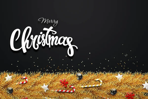 De inscriptie van een vrolijk kerstfeest, gouden takken van een kerstboom met ballen, snoep, sneeuwvlokken en sterren. Kerstmis achtergrond, wenskaart. Gelukkig Nieuwjaar. Van bovenaf bekijken. — Stockfoto