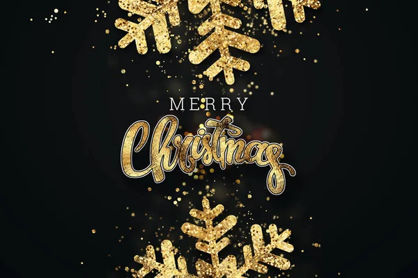 Vrolijk kerstfeest. Kerstmis achtergrond met gouden sneeuwvlokken en confetti. Xmas wenskaart. Magische vakantie poster, banner. Nacht licht gouden sparkles achtergrond — Stockfoto