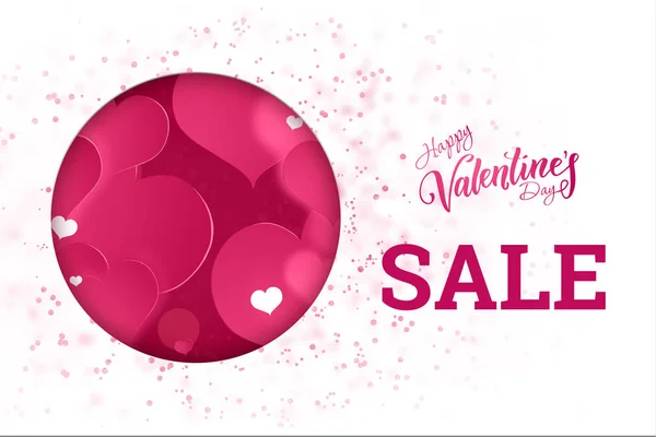 Happy Valentine\'s Day festive web banner, Valentine\'s Day. Composition with a pink circle and hearts on a light background. Flyer.