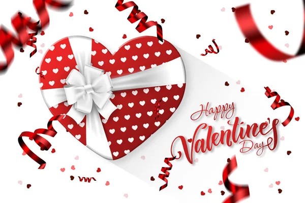 Happy Valentine\'s Day festive web banner. Top view of a romantic composition with gift boxes, confetti in the form of a heart. Light background. Romance flat lay