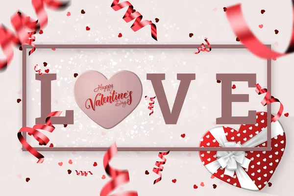 Banner web festivo para el Día de San Valentín. Vista superior de una composición con un regalo realista en forma de corazón, amor de inscripción, confeti en forma de corazón sobre fondo blanco . — Foto de Stock