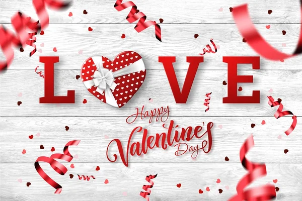 Ünnepi web banner-Valentin-nap. Fehér alapon egy kompozíció egy reális ajándék alakú, szív, szeretet felirat, az alakja a szív konfetti-felülnézet. — Stock Fotó