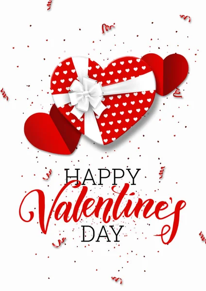 Happy Valentine's Day feestelijke webbanner. Bovenaanzicht van een romantische samenstelling met geschenkdozen, confetti in de vorm van een hart. Lichte achtergrond. Romantiek. — Stockfoto