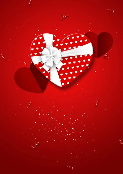 Happy Valentine's Day, webbanner. Samenstelling met een realistische cadeau in de vorm van een hart, papier hartjes en confetti op een rode achtergrond. Romantische achtergrond, Flyer, briefkaart, uitnodiging, bovenaanzicht. — Stockfoto