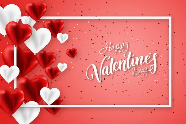 Happy Valentine\'s Day festive web banner, Valentine\'s Day. Composition with air red balls in the form of a heart. Flyer.