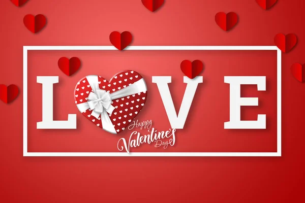 Happy Valentine's Day, web banner. Composition with a realistic gift in the form of a heart and the word love on a pink background. Romantic background, Flyer, postcard, invitation — Stock Photo, Image