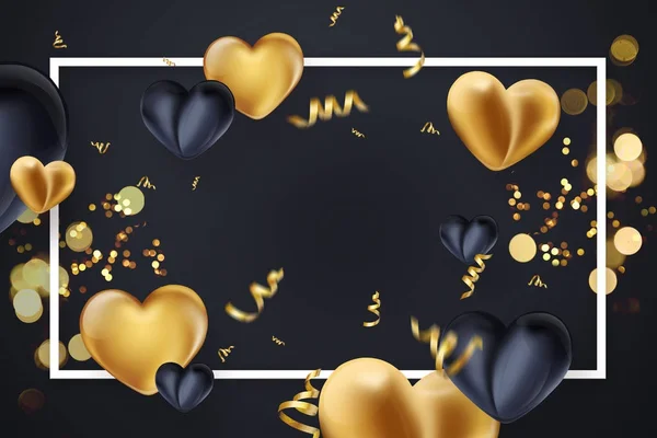 Happy Valentine's Day, webbanner, het zwarte goud. Samenstelling met gouden ballonnen in de vorm van een hart op een donkere achtergrond. Romantische achtergrond, Flyer, ansichtkaart, uitnodiging — Stockfoto