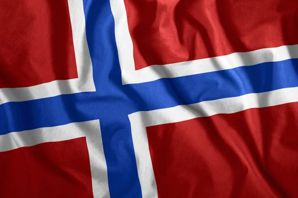 挪威国旗在风中飘扬。挪威多彩的国旗。爱国主义、爱国象征. — 图库照片