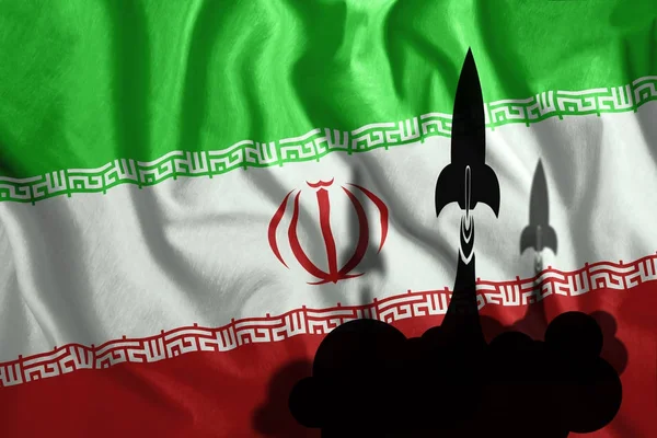 Плаваючою ракети на тлі іранського прапор, майорить у вітер. Барвисті Національний прапор Ірану. Патріотизм, патріотична символ, війни, конфлікт. — стокове фото