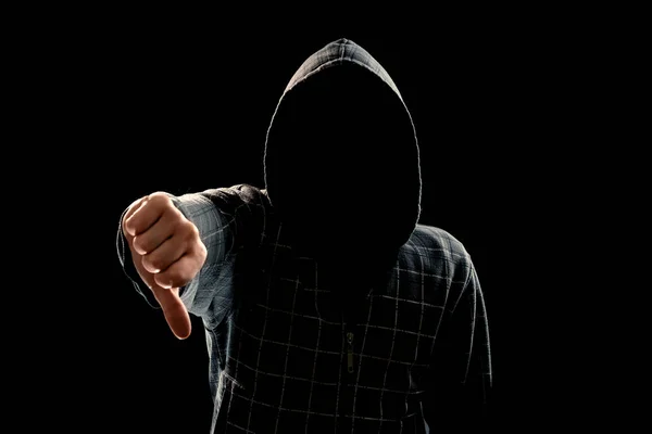 Silhouette Man Hood Black Background His Face Visible Showing Fist — Stock Photo, Image