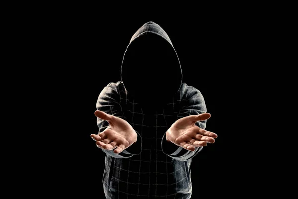 Silhouette Man Hood Black Background Face Visible Shows Palms Camera — Stock Photo, Image
