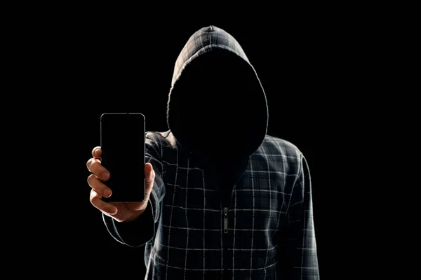 Silhouette Man Hood Black Background His Face Visible Hacker Holding — Stock Photo, Image