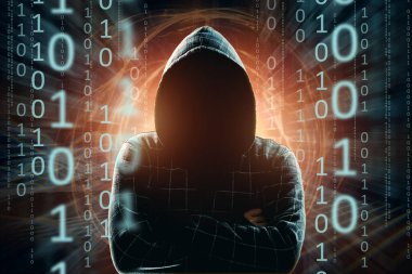 Hacker hood, hacker saldırı, adam, karışık teknik silüeti'ı. Bir ani saldırı, şifreleme, veri güvenliği kavramı.
