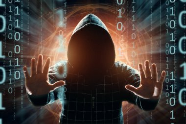 Genç Hacker bir başlıklı ileri, hacker saldırı, bir adam, karışık teknik silüeti uzanan eller teslim oldu. Bir ani saldırı, şifreleme, veri güvenliği kavramı.