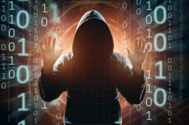 Genç Hacker bir başlıklı ileri, hacker saldırı, bir adam, karışık teknik silüeti uzanan eller teslim oldu. Bir ani saldırı, şifreleme, veri güvenliği kavramı.