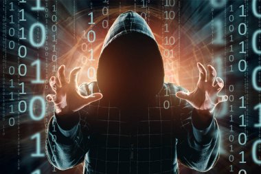 Hacker hood, hacker saldırı, adam, karışık teknik silüeti'ı. Bir ani saldırı, şifreleme, veri güvenliği kavramı.