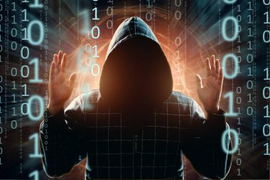 Genç Hacker bir başlıklı ileri, hacker saldırı, bir adam, karışık teknik silüeti uzanan eller teslim oldu. Bir ani saldırı, şifreleme, veri güvenliği kavramı.