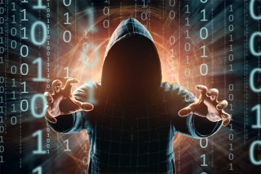 Hacker hood, hacker saldırı, adam, karışık teknik silüeti'ı. Bir ani saldırı, şifreleme, veri güvenliği kavramı.