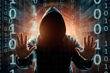 Genç Hacker bir başlıklı ileri, hacker saldırı, bir adam, karışık teknik silüeti uzanan eller teslim oldu. Bir ani saldırı, şifreleme, veri güvenliği kavramı.