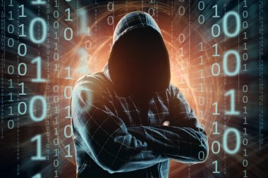 Hacker hood, hacker saldırı, adam, karışık teknik silüeti'ı. Bir ani saldırı, şifreleme, veri güvenliği kavramı.