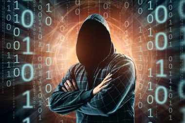 Hacker hood, hacker saldırı, adam, karışık teknik silüeti'ı. Bir ani saldırı, şifreleme, veri güvenliği kavramı.