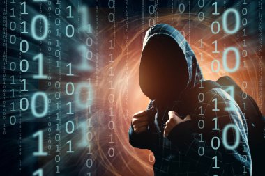 Hacker hood, hacker saldırı, adam, karışık teknik silüeti'ı. Bir ani saldırı, şifreleme, veri güvenliği kavramı.