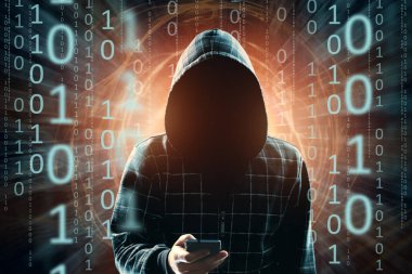Bir başlıklı bir genç hacker hacks bir akıllı telefon, bir hacker saldırı, bir adam, karışık teknik silüeti. Bir ani saldırı, şifreleme, veri güvenliği, Mobil Internet kavramı.