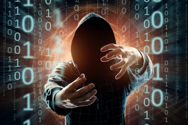 Bir başlıklı bir genç hacker hacks bir akıllı telefon, bir hacker saldırı, bir adam, karışık teknik silüeti. Bir ani saldırı, şifreleme, veri güvenliği, Mobil Internet kavramı.