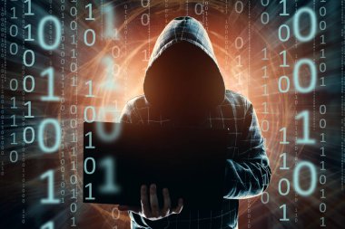Hacker hood, hacker saldırı, adam, karışık teknik silüeti'ı. Bir ani saldırı, şifreleme, veri güvenliği kavramı.