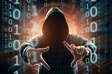 Hacker hood, hacker saldırı, adam, karışık teknik silüeti'ı. Bir ani saldırı, şifreleme, veri güvenliği kavramı.