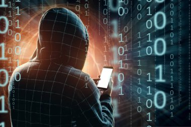 Bir başlıklı bir genç hacker hacks bir akıllı telefon, bir hacker saldırı, bir adam, karışık teknik silüeti. Bir ani saldırı, şifreleme, veri güvenliği, Mobil Internet kavramı.