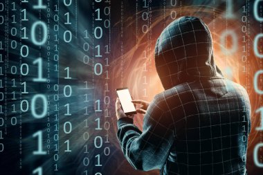Bir başlıklı bir genç hacker hacks bir akıllı telefon, bir hacker saldırı, bir adam, karışık teknik silüeti. Bir ani saldırı, şifreleme, veri güvenliği, Mobil Internet kavramı.