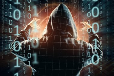 Hacker hood, hacker saldırı, adam, karışık teknik silüeti'ı. Bir ani saldırı, şifreleme, veri güvenliği kavramı.