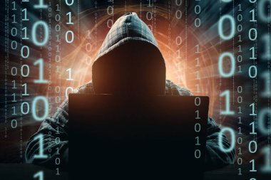 Hacker hood, hacker saldırı, adam, karışık teknik silüeti'ı. Bir ani saldırı, şifreleme, veri güvenliği kavramı.